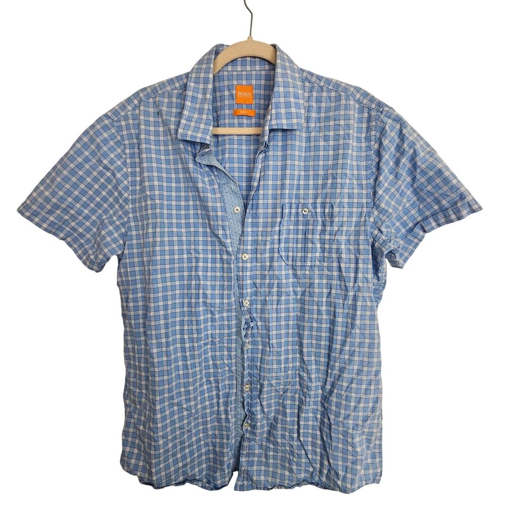 Boss Hugo Boss Shirt Button Front Short Sleeve Blue White Plaid Men XL Slim Fit